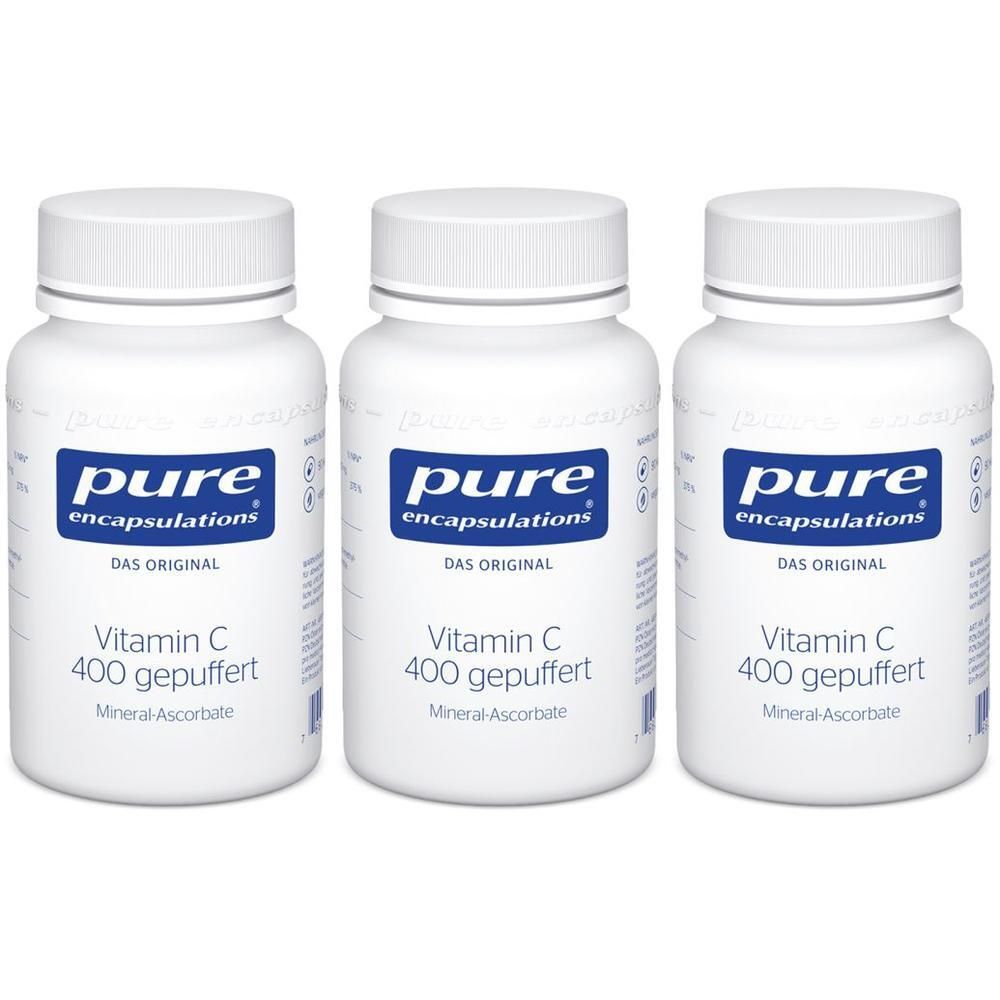 Drei weiße Flaschen Pure Encapsulations Vitamin C 400 gepuffert nebeneinander.