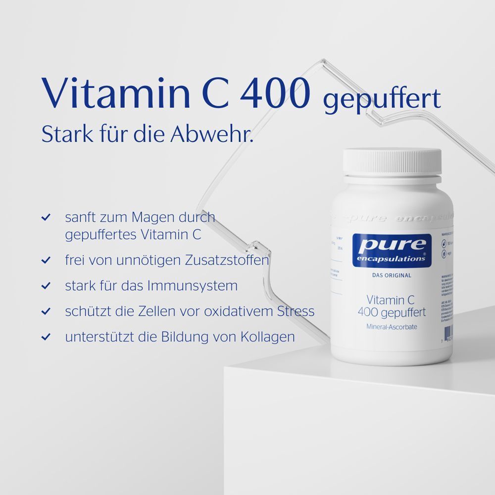 Eine weiße Flasche Pure Encapsulations Vitamin C 400 gepuffert mit Stichpunkten zu Vorteilen.
