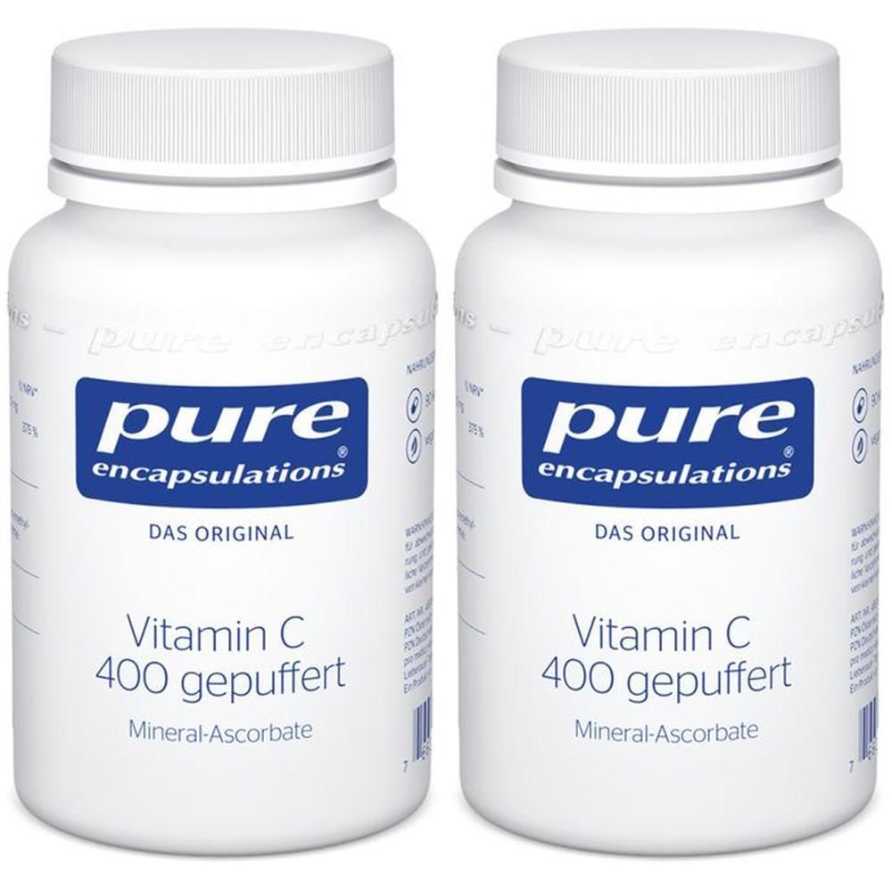 Zwei weiße Flaschen Pure Encapsulations Vitamin C 400 gepuffert mit blauen Etiketten.