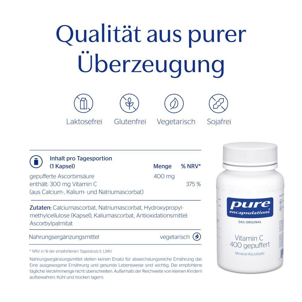 Flasche Pure Encapsulations Vitamin C 400 gepuffert mit Nährwertangaben und Qualitätsmerkmalen.