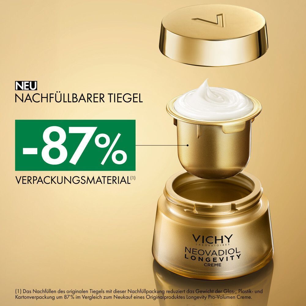Ein nachfüllbarer Tiegel für Vichy Neovadiol Longevity Creme, reduziert Verpackungsmaterial um 87%.