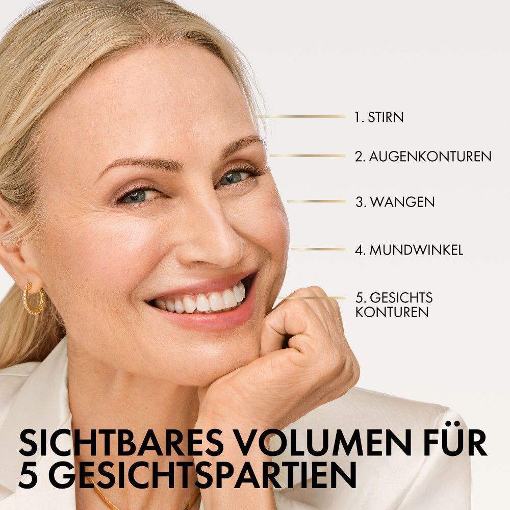 Frau mit Markierungen für sichtbares Volumen in 5 Gesichtspartien.
