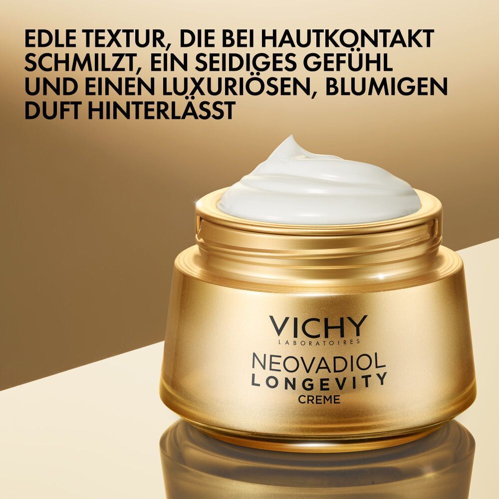 Vichy Neovadiol Longevity Creme mit edler Textur. Schmilzt bei Hautkontakt, seidiges Gefühl.