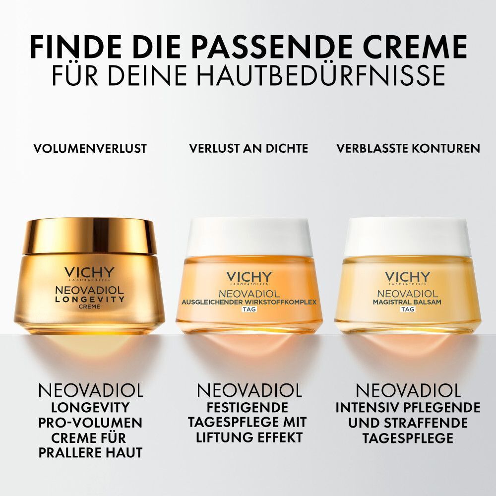 Drei Vichy Neovadiol Cremes: Longevity Pro-Volumen, Festigende Tagespflege, Magistral Intensivpflege.