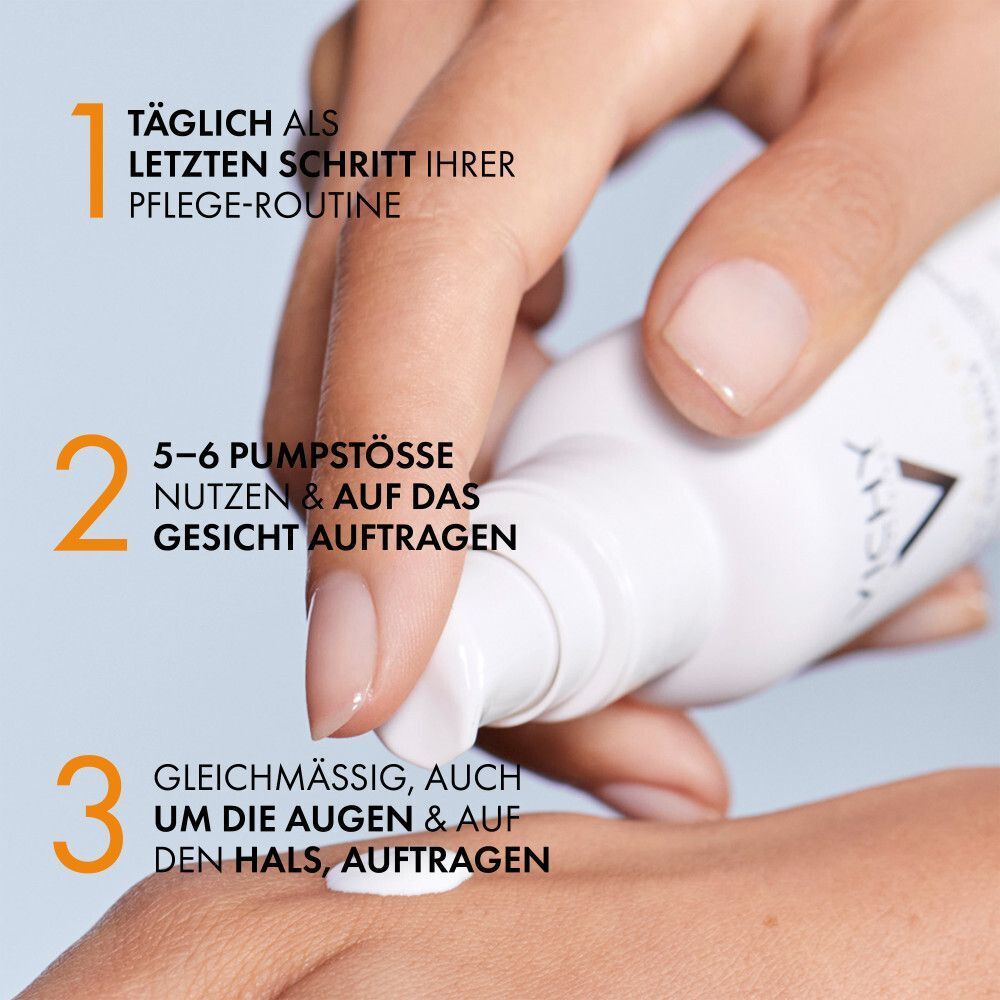 Anwendung von Vichy Capital Soleil UV-Age Daily LSF 50+: 5-6 Pumpstöße auf Gesicht, Hals und Augenpartie.