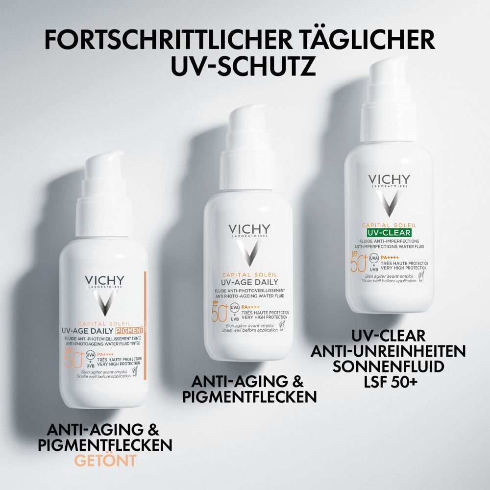 Drei Vichy Capital Soleil Produkte: getönt, LSF 50+ Anti-Aging & Pigmentflecken, UV-Clear LSF 50+.