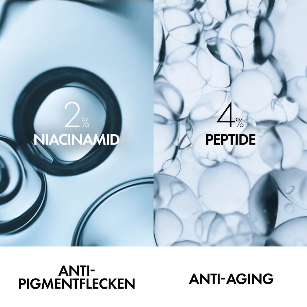 Nahaufnahme von 2% Niacinamid und 4% Peptid-Formeln. Anti-Pigmentflecken und Anti-Aging.