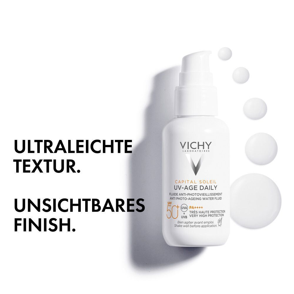 Vichy Capital Soleil UV-Age Daily LSF 50+ Flasche mit Pumpspender. Ultraleichte Textur.