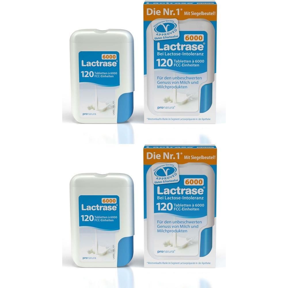 Lactrase 6000 Klickspender mit 120 Tabletten und Faltschachtel.