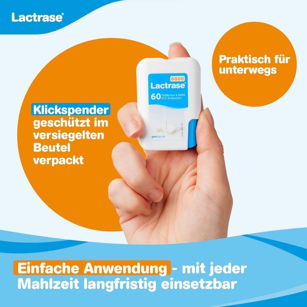 Hand hält Lactrase 6000 Klickspender in versiegeltem Beutel. Praktisch für unterwegs.
