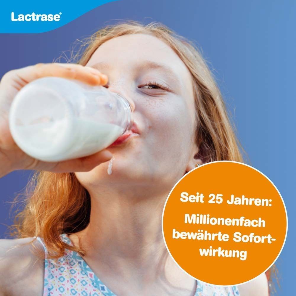 Mädchen trinkt Milch aus Flasche. Lactrase: Bewährte Sofortwirkung seit 25 Jahren.