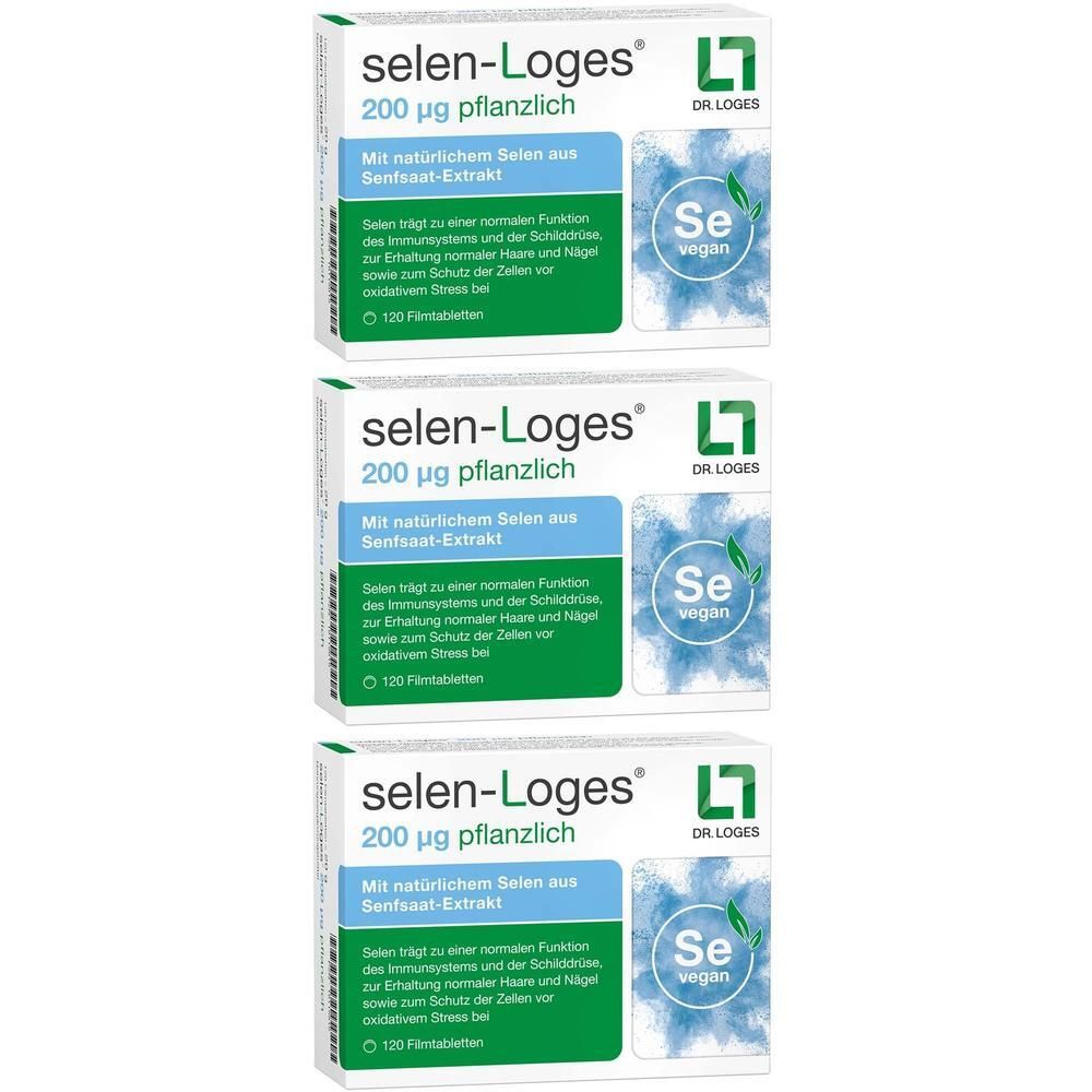 Drei Packungen selen-Loges® 200 µg pflanzlich, mit natürlichem Selen aus Senfsaat-Extrakt.