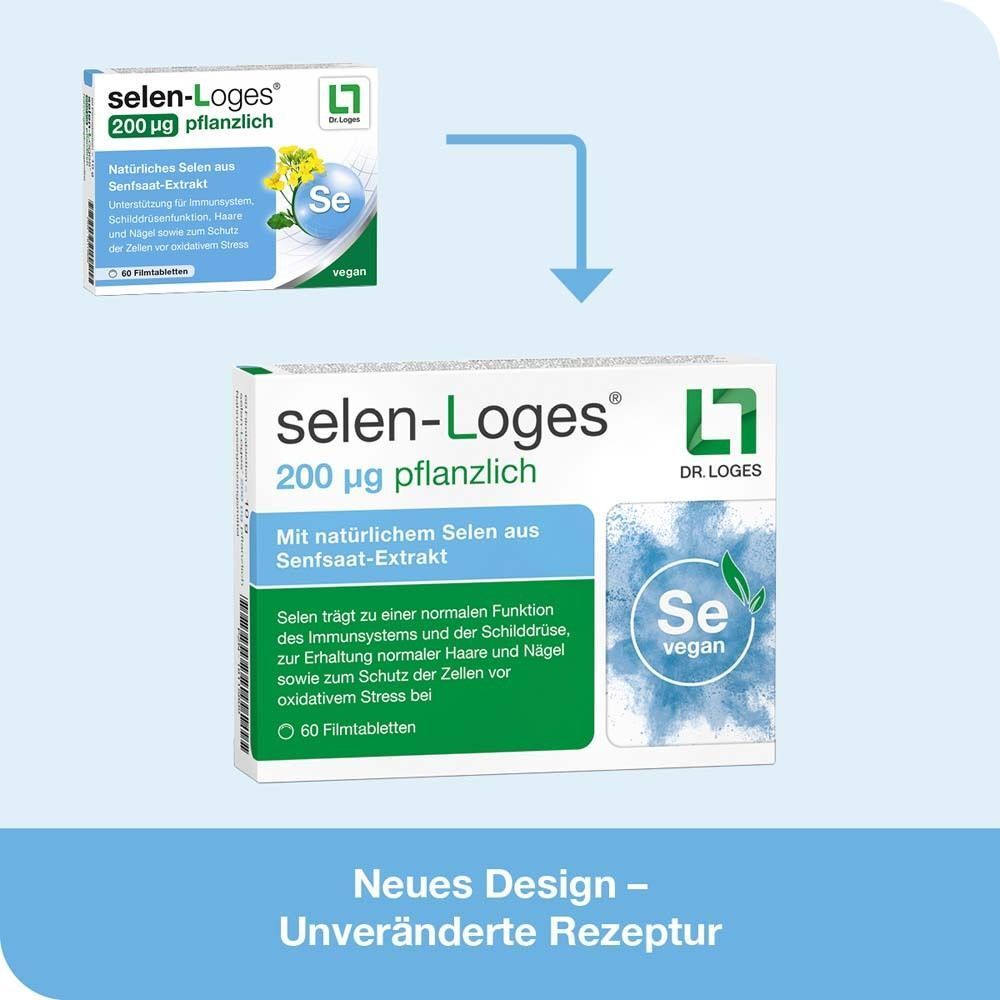 Packung selen-Loges® 200 µg pflanzlich mit natürlichem Selen aus Senfsaat-Extrakt. Neues Design.