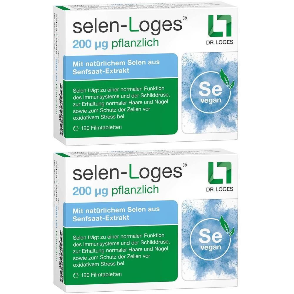 Zwei Packungen selen-Loges® 200µg pflanzlich, 120 Filmtabletten. Mit natürlichem Selen aus Senfsamen-Extrakt. Se vegan.