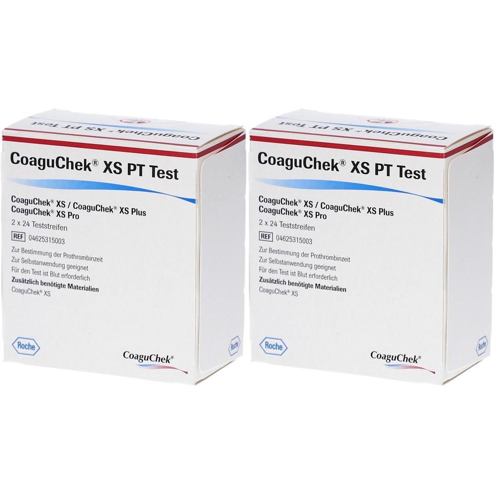 Zwei Schachteln CoaguChek® XS PT Teststreifen, 2x24 Stück. Roche Logo.
