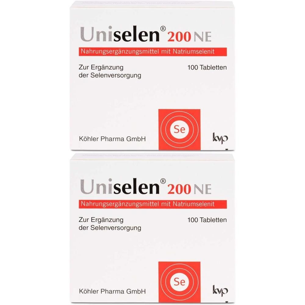 Zwei Packungen Uniselen® 200 NE, Nahrungsergänzungsmittel mit Natriumselenit, 100 Tabletten pro Packung.