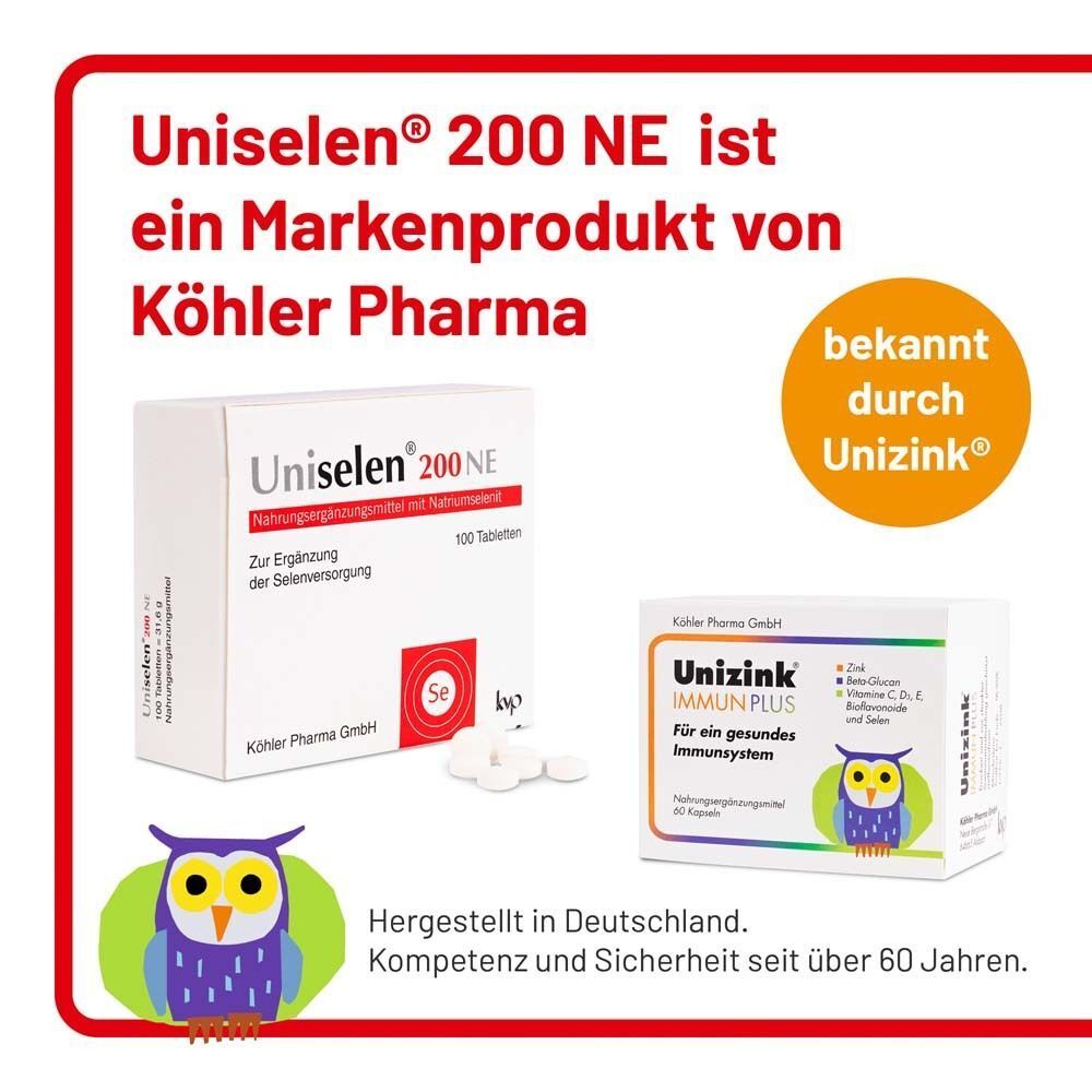 Uniselen® 200 NE: Packung und Blister mit Tabletten. Nahrungsergänzungsmittel zur Selenversorgung.
