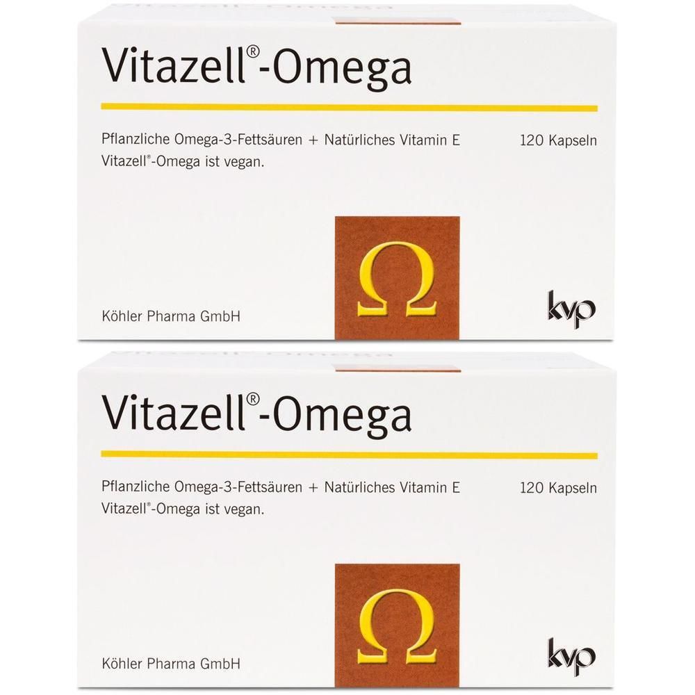 Zwei Packungen Vitazell®-Omega Kapseln mit Omega-3-Fettsäuren und Vitamin E.