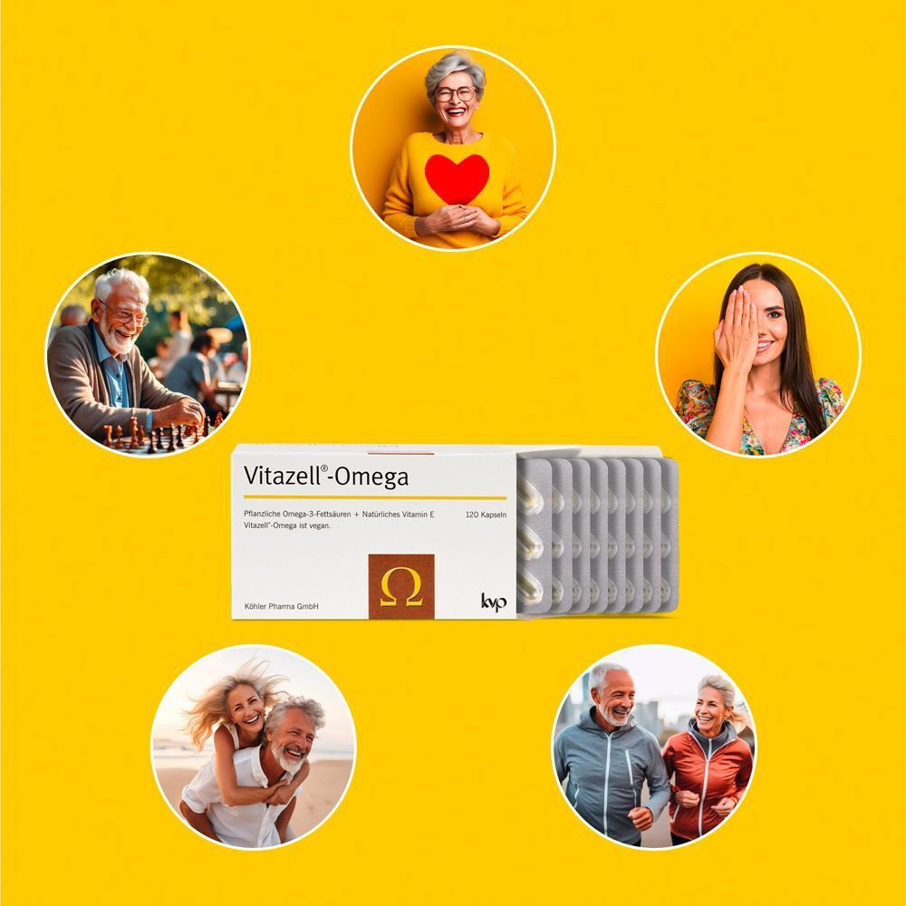 Vitazell®-Omega Kapseln und Blisterpackung, umgeben von Icons zu Gesundheit und Wohlbefinden.