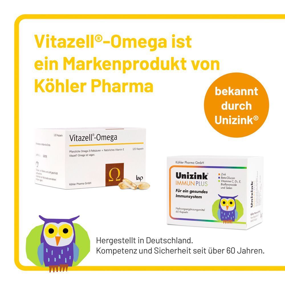Vitazell®-Omega Kapseln von Köhler Pharma, hergestellt in Deutschland. Neben Unizink® Immun Plus.
