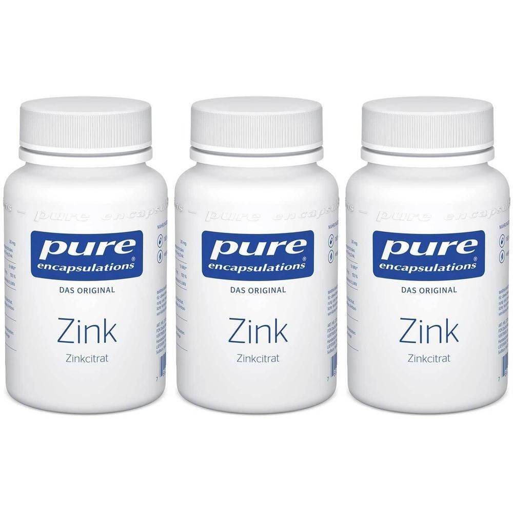 Drei weiße Behälter mit Pure Encapsulations Zink, Zinkcitrat.