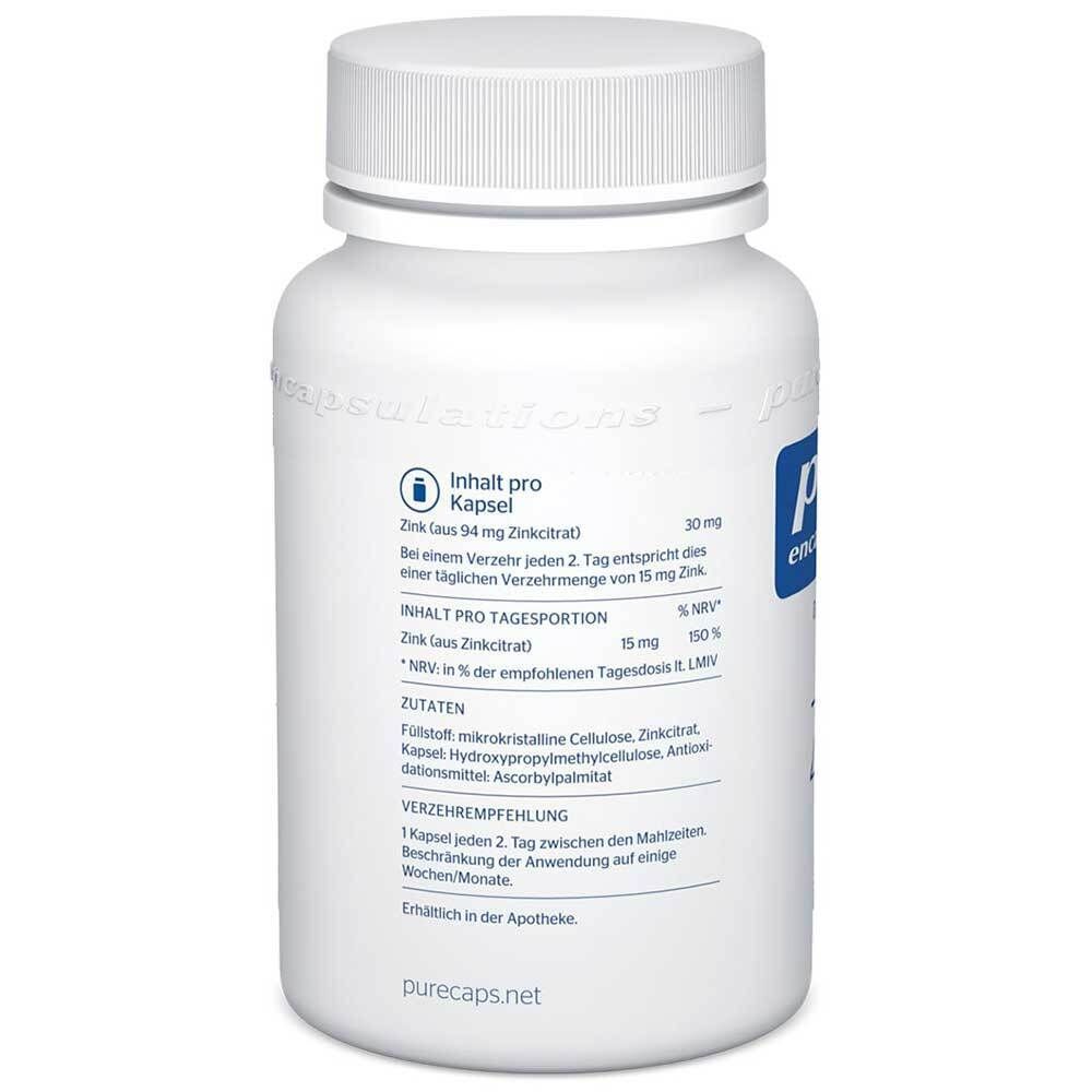 Rückseite eines Pure Encapsulations Zink-Behälters mit Inhaltsstoffen und Verzehrempfehlung.