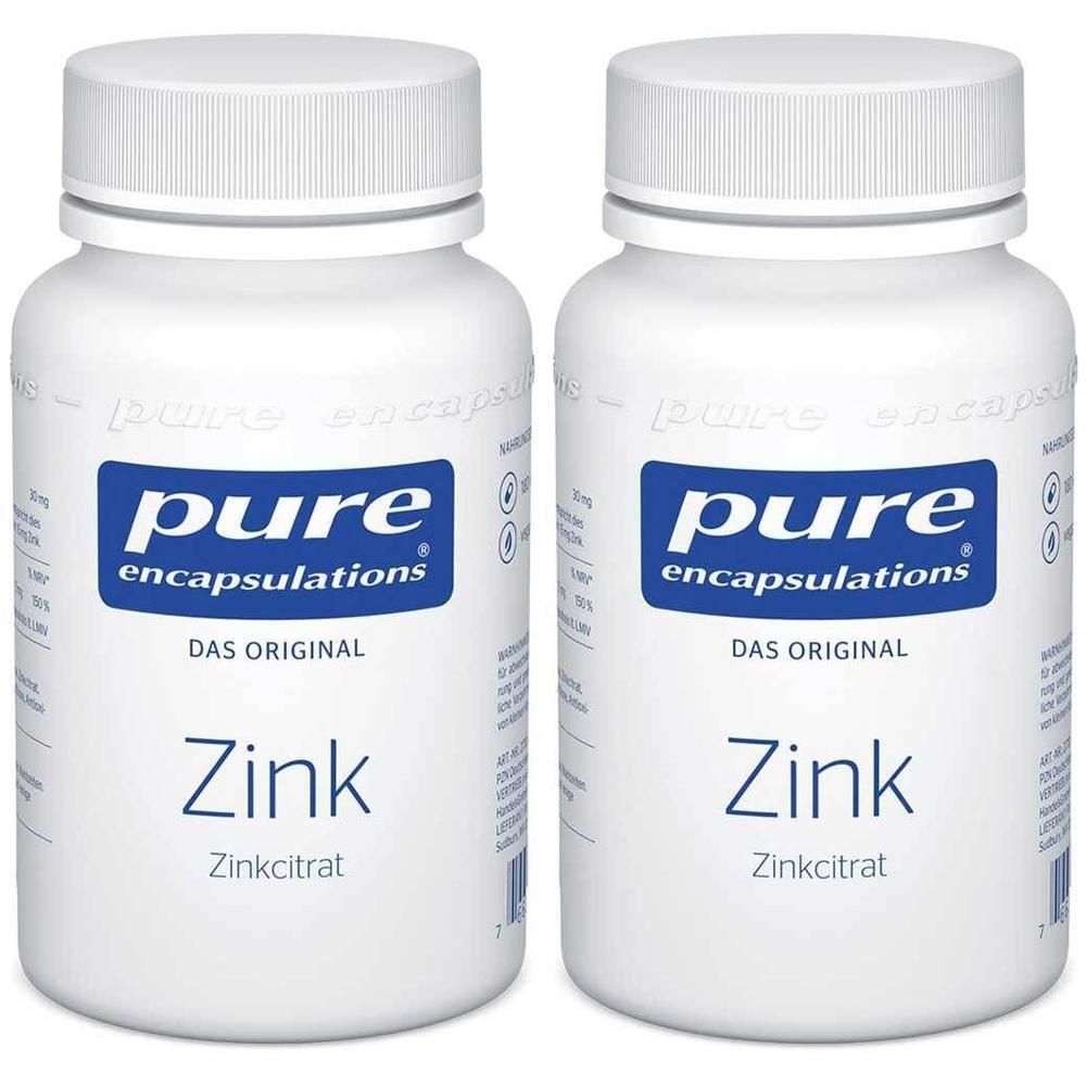 Zwei Flaschen Pure Encapsulations® Zink Zinkcitrat mit weißen Schraubverschlüssen.