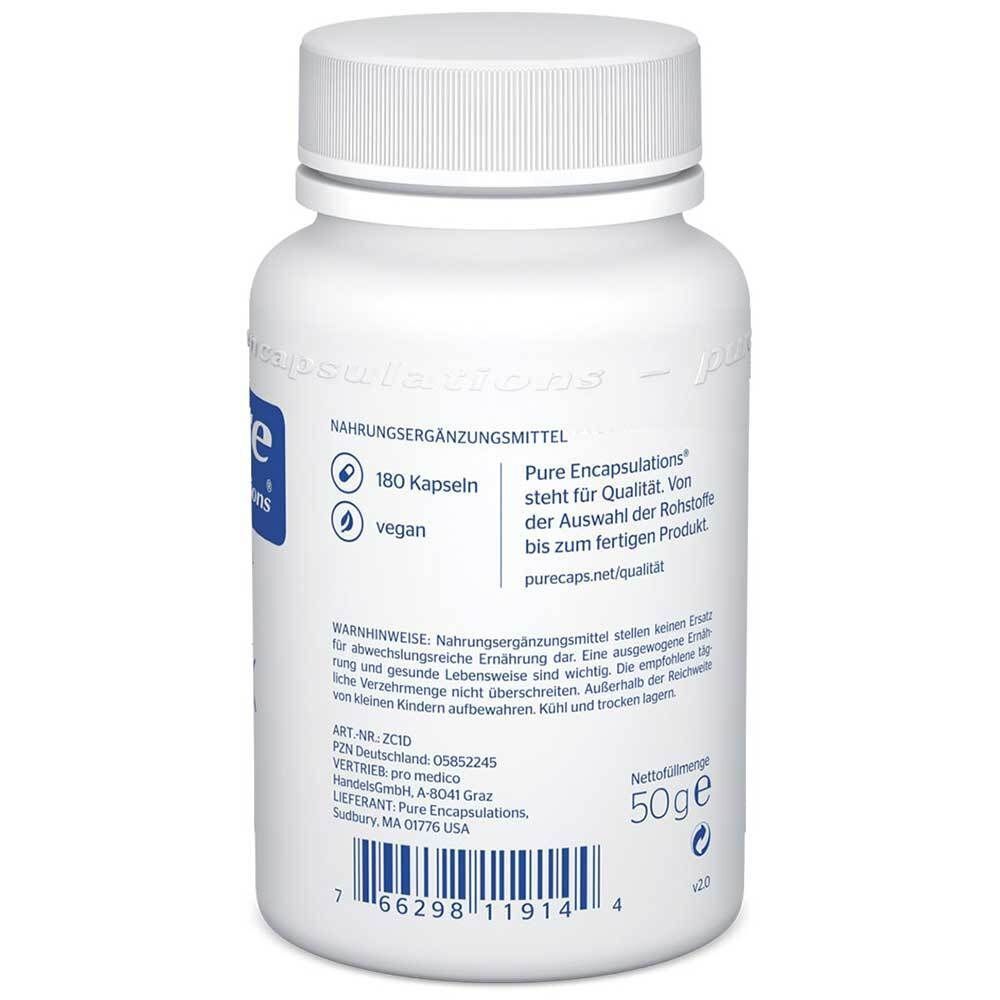 Rückseite einer Flasche Pure Encapsulations® Zink mit Informationen zu 180 Kapseln und veganer Herstellung.