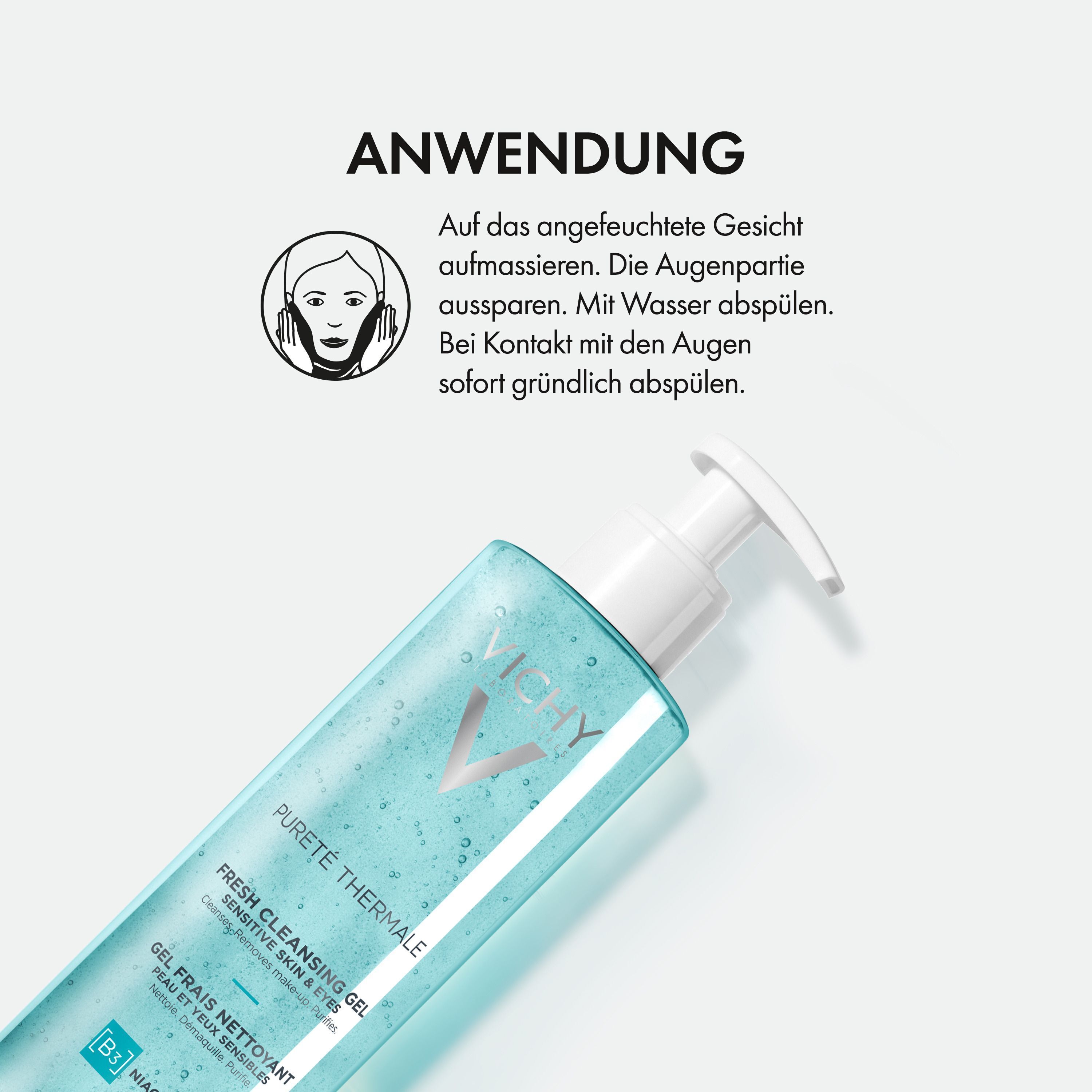 Nahaufnahme einer Flasche Vichy Pureté Thermale Reinigungsgel mit Pumpspender. Text: Anwendung.