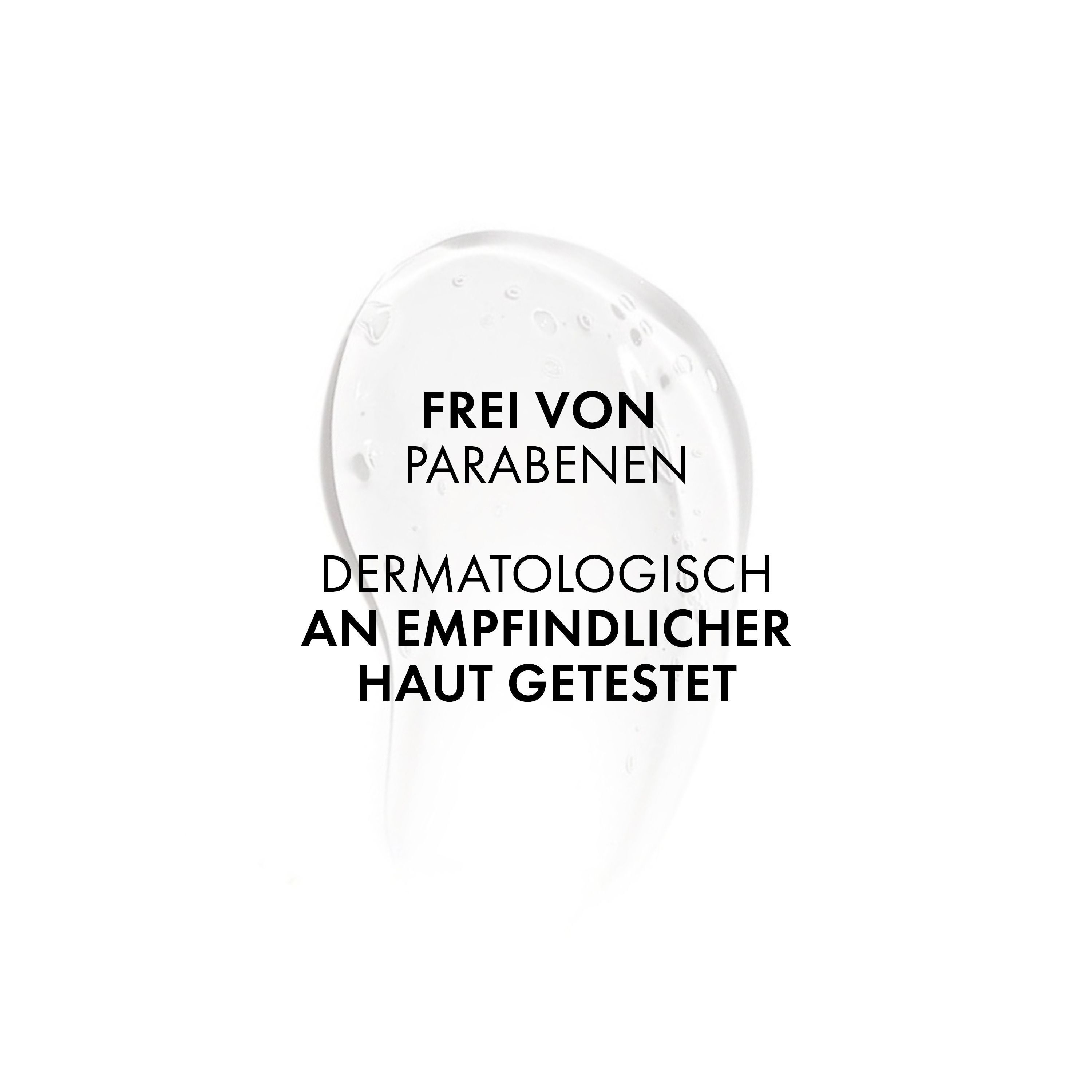Nahaufnahme von Bläschen in Vichy Pureté Thermale Reinigungsgel. Text: Niacinamid.