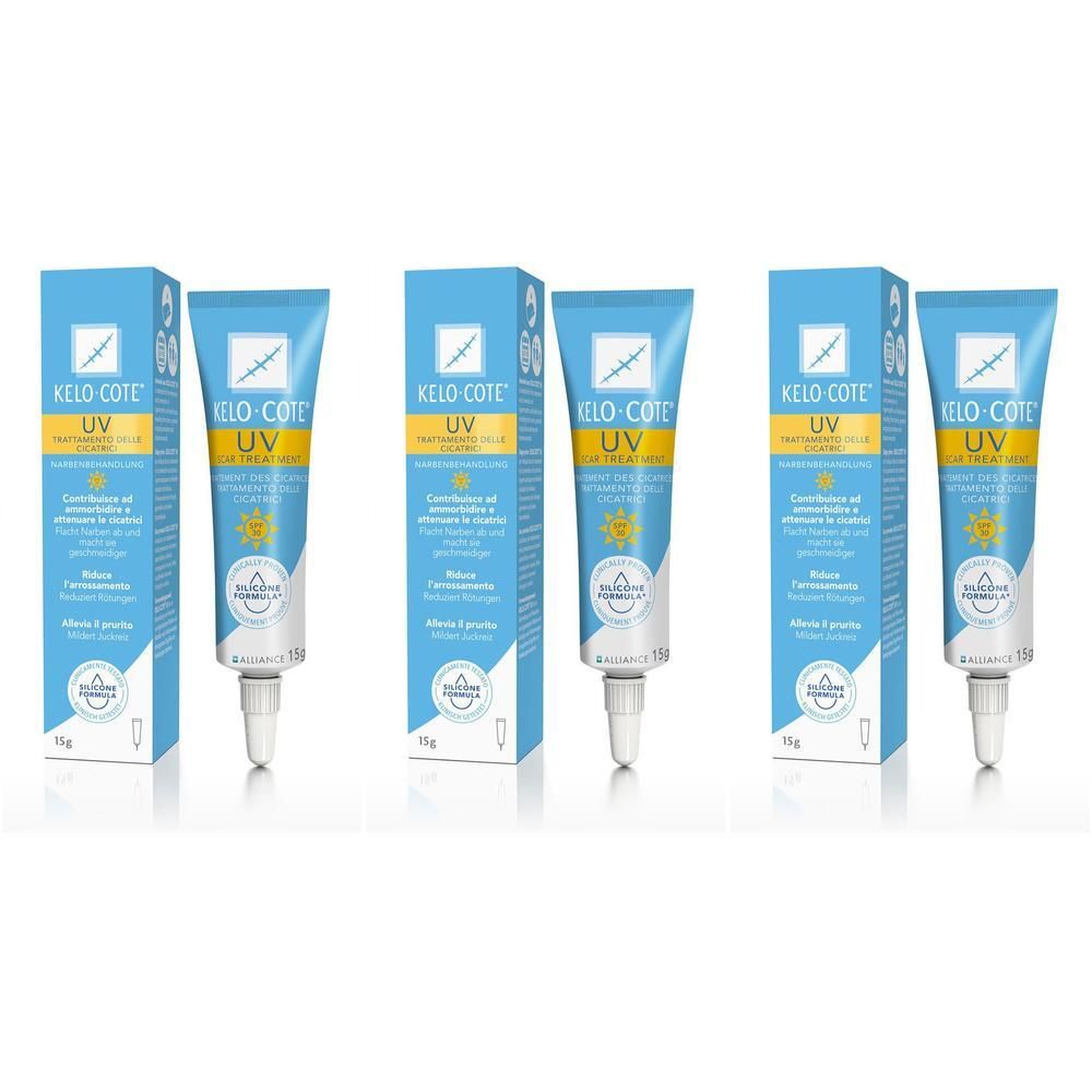Drei Tuben KELO-COTE UV Silikon Narbengel LSF 30 mit Verpackung.
