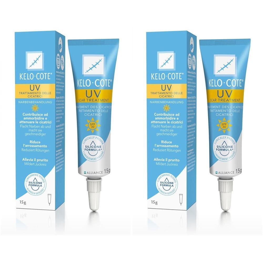 Zwei Tuben KELO-COTE UV Silikon Narbengel LSF 30 mit Faltschachteln.