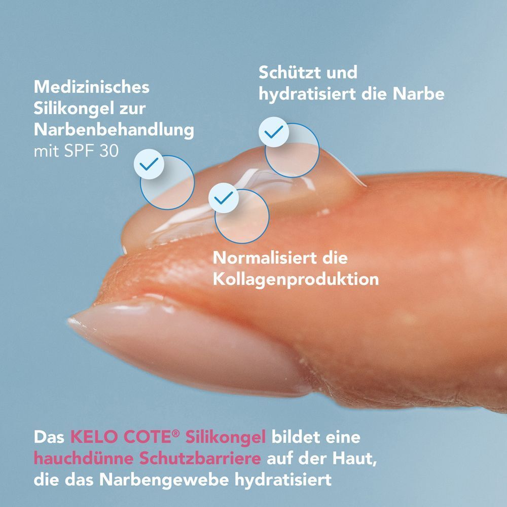 Nahaufnahme von KELO-COTE Silikongel mit Markierungen für Schutz und Hydratation.