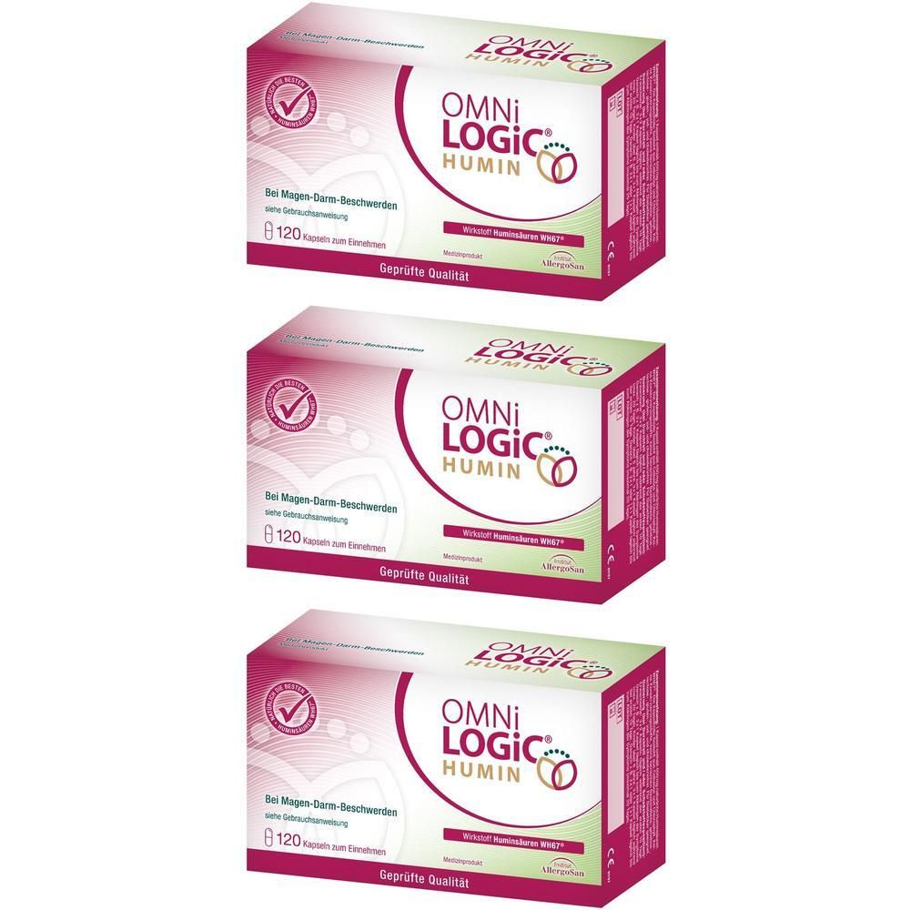Drei Packungen OMNi LOGiC® HUMIN, 120 Kapseln pro Packung. Mit Qualitätszeichen.
