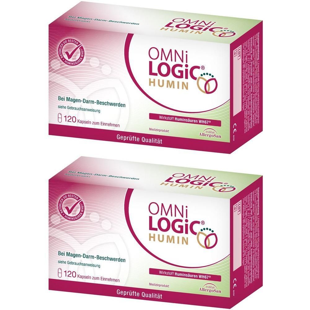 Zwei Packungen OMNi LOGiC® HUMIN Kapseln, 120 Stück pro Packung, für Magen-Darm-Beschwerden.