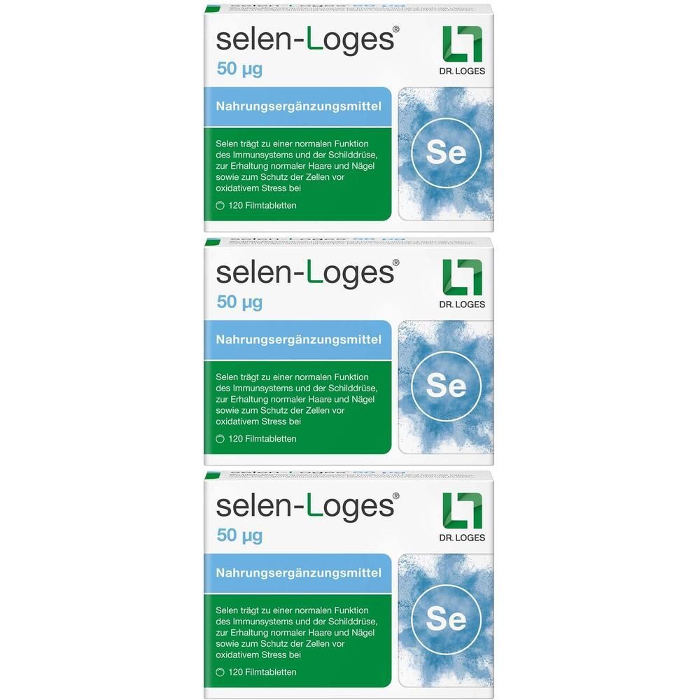 Drei Packungen selen-Loges® 50 µg Nahrungsergänzungsmittel mit Selen-Symbol (Se).