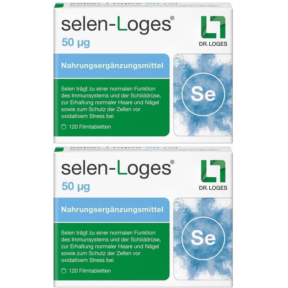 Zwei Packungen selen-Loges® 50 µg, Nahrungsergänzungsmittel mit 120 Filmtabletten.