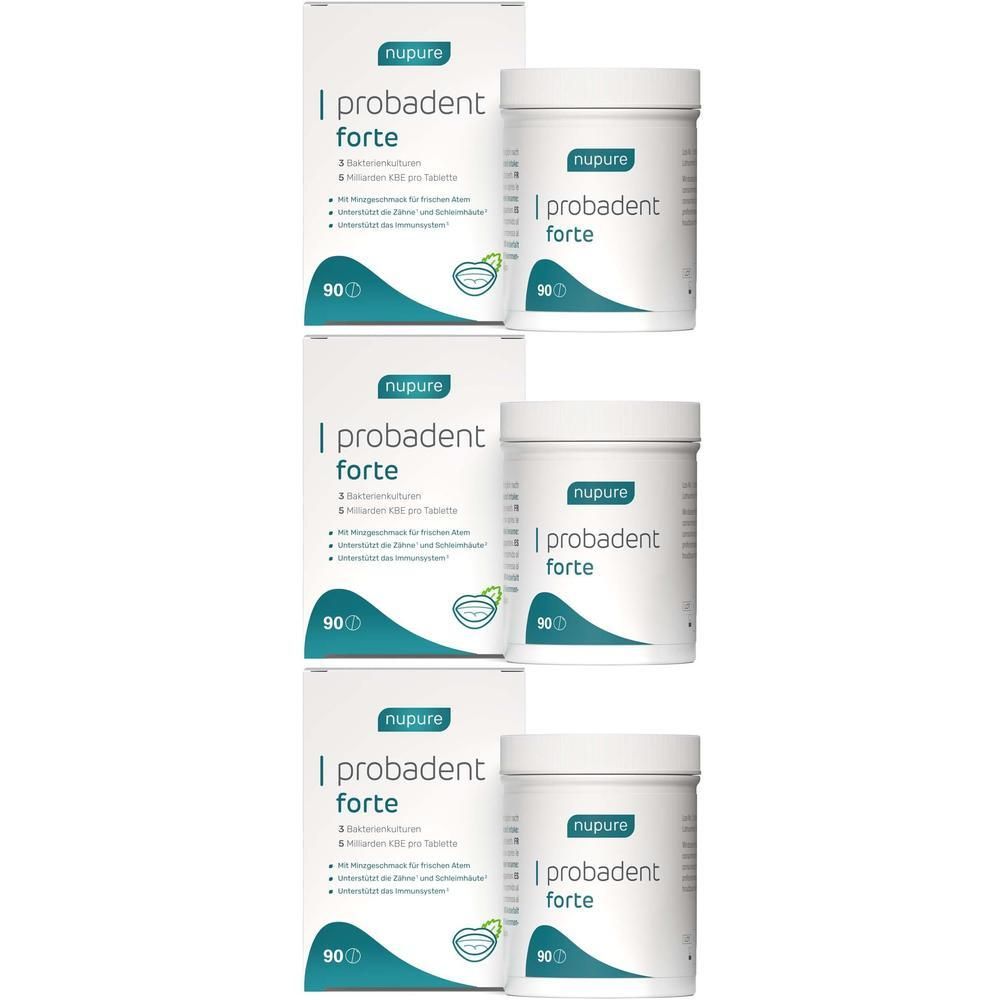 Drei Packungen nupure probadent forte mit je 90 Tabletten.