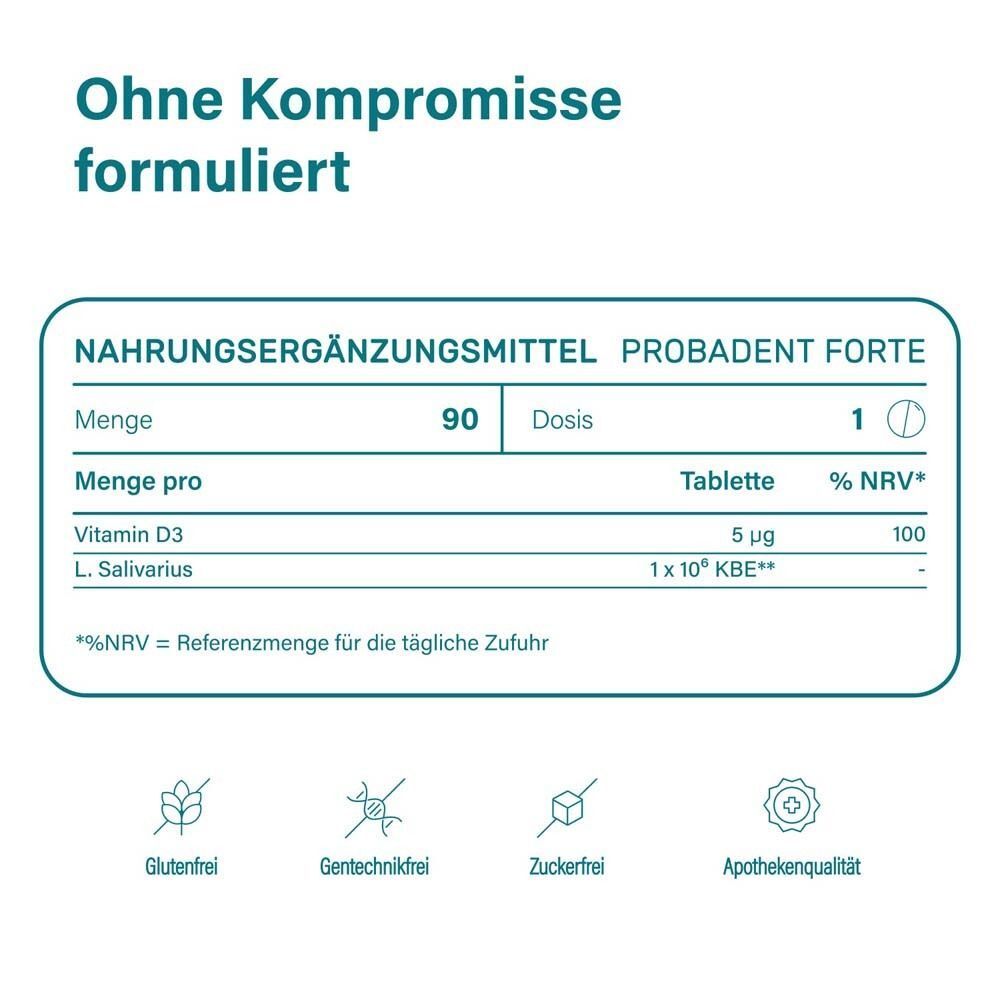 Nahrungsergänzungsmittel Probabent Forte: 90 Tabletten, Vitamin D3, L. Salivarius.