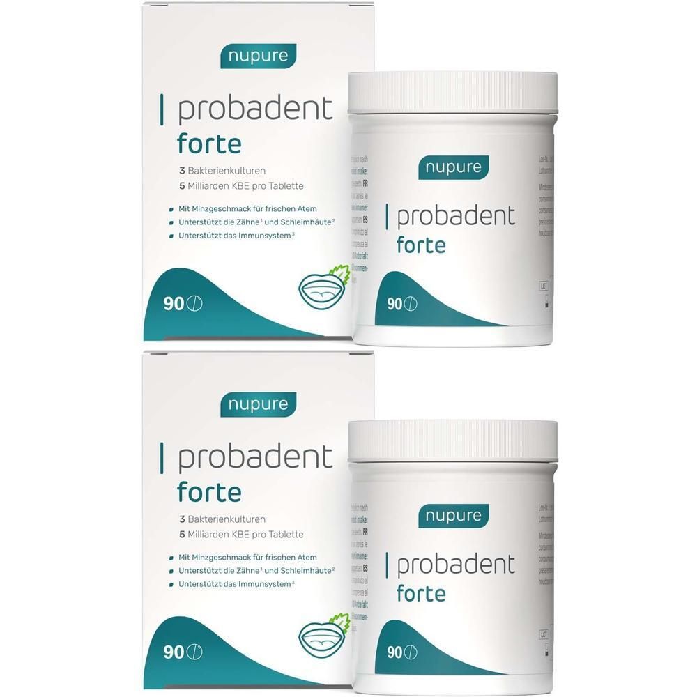 Zwei Packungen und zwei Behälter nupure probadent forte mit 90 Tabletten.
