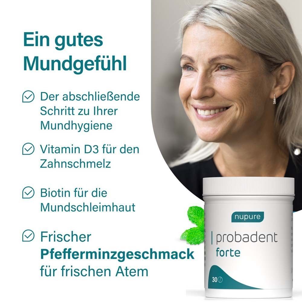 Frau lächelt, neben Text über Mundhygiene und einem nupure probadent forte Behälter.