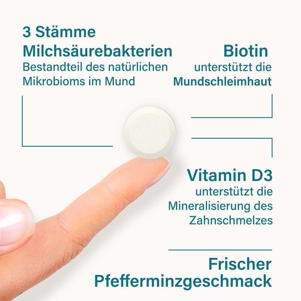 Eine Tablette nupure probadent forte mit Erklärungen zu Milchsäurebakterien, Biotin und Vitamin D3.