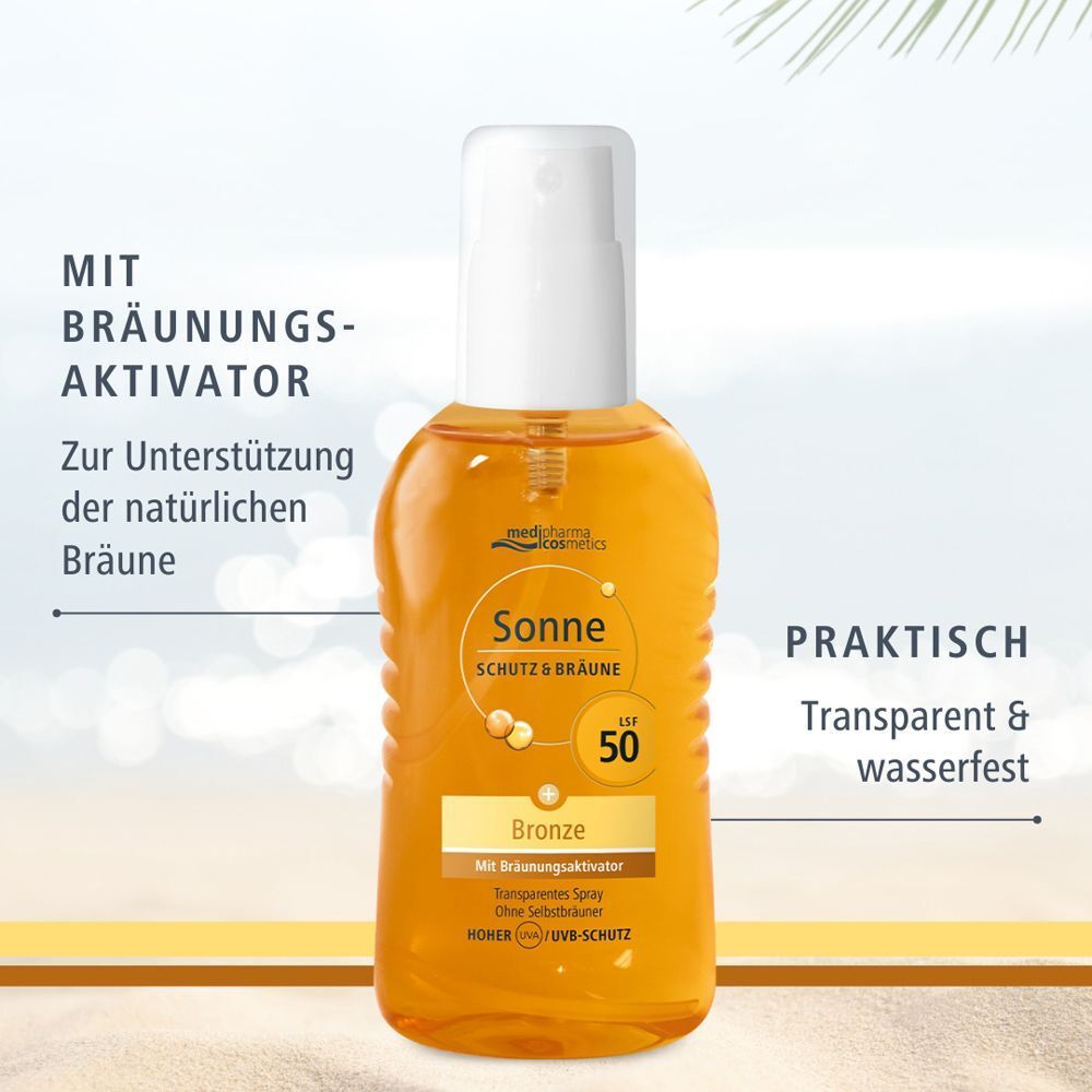 medipharma cosmetics Sonne Schutz & Bräune LSF 50 Bronze Transparentes Spray mit Bräunungsaktivator.