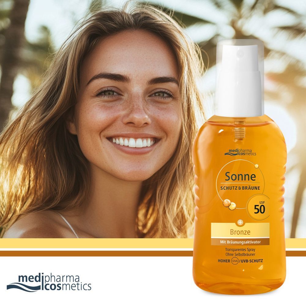Medipharma cosmetics Sonne Schutz & Bräune LSF 50 Spray neben lächelnder Frau im Freien.