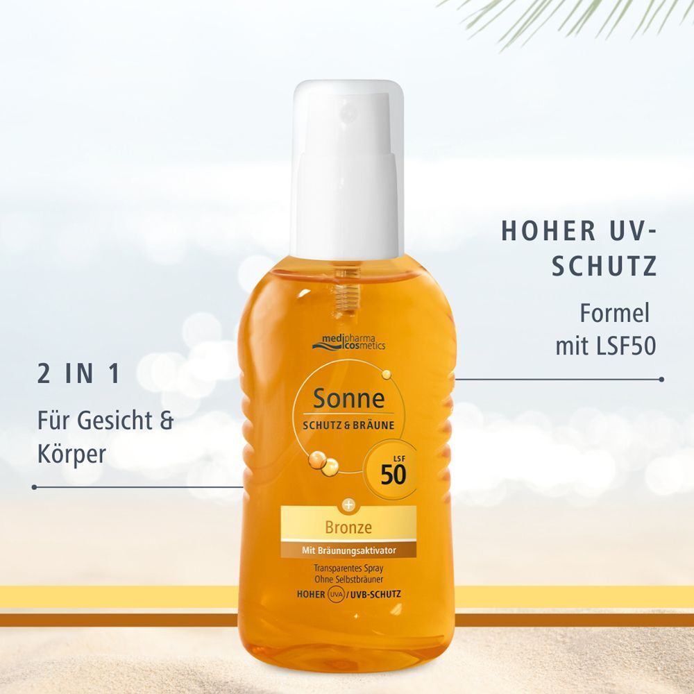 Medipharma cosmetics Sonne Schutz & Bräune LSF 50 Spray, 2-in-1 für Gesicht & Körper, hoher UV-Schutz.