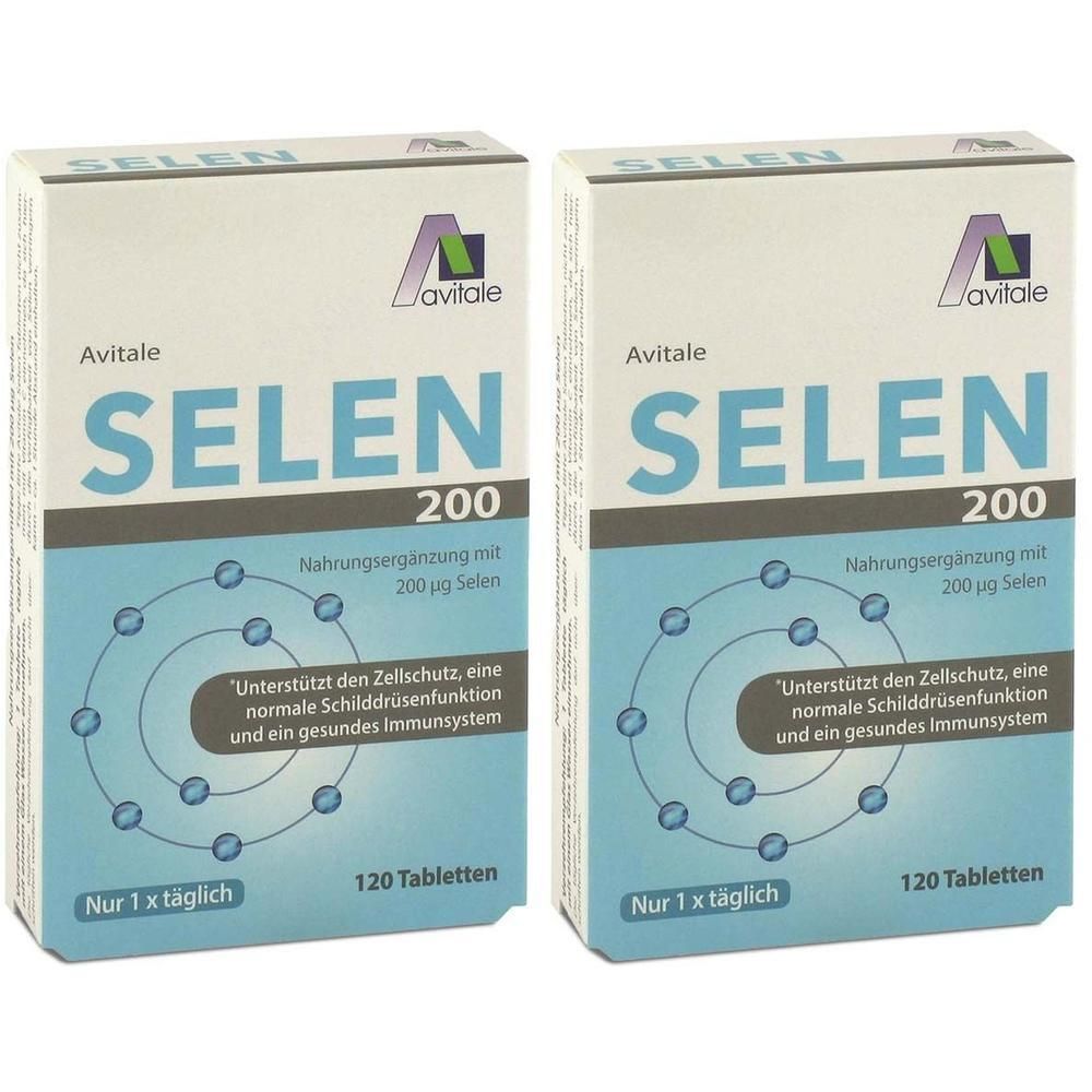 Zwei Packungen Avitale Selen 200 Tabletten mit je 120 Stück. Fokus auf Zellschutz, Schilddrüse und Immunsystem.