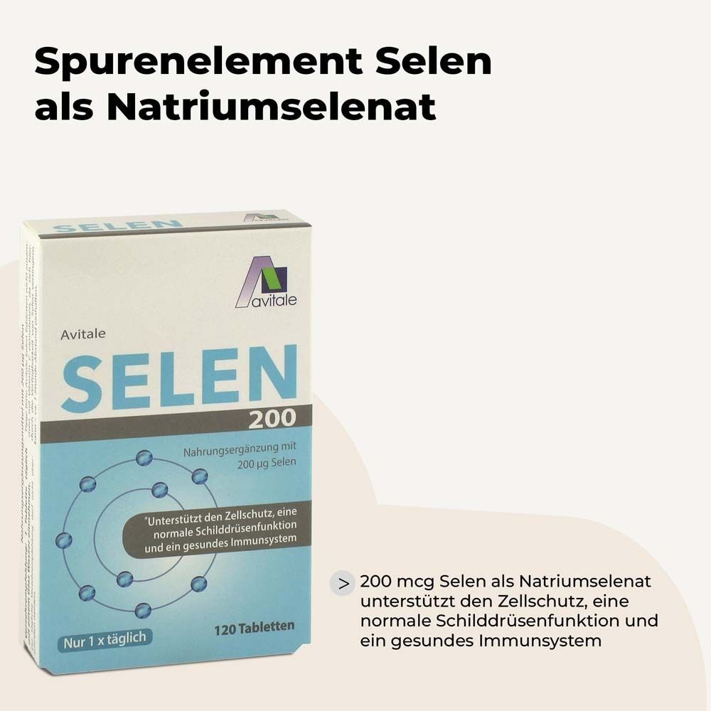 Eine Packung Avitale Selen 200 Tabletten. Enthält 200 µg Selen als Natriumselenit zur Unterstützung von Zellschutz, Schilddrüse, Immunsystem.