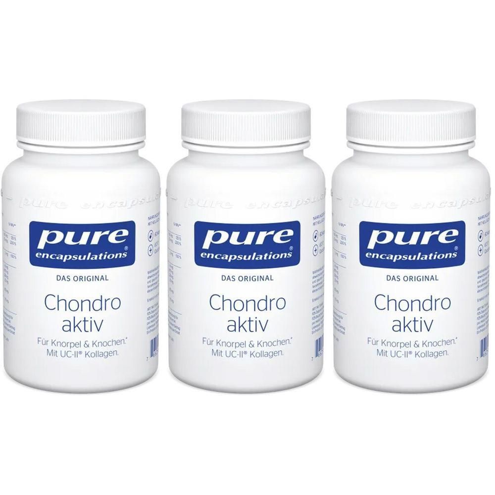 Drei Flaschen Pure Encapsulations Chondro aktiv, weiß mit blauem Etikett.