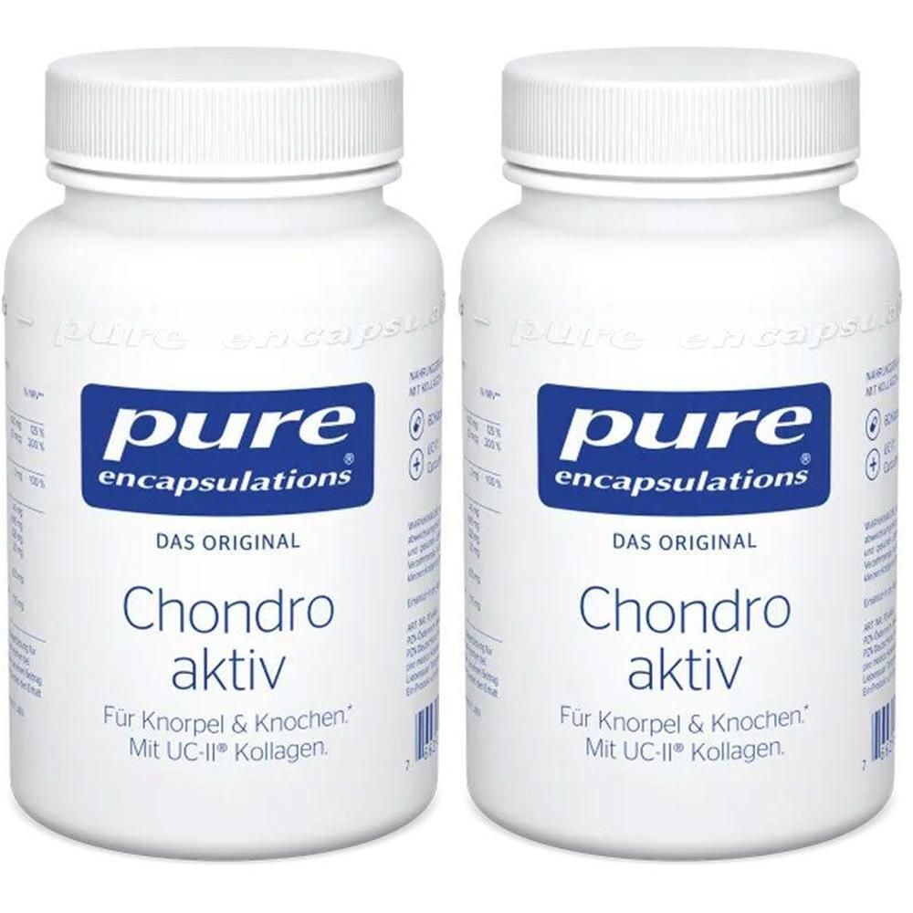 Zwei weiße Flaschen "Chondro aktiv" von pure encapsulations® mit blauen Etiketten.