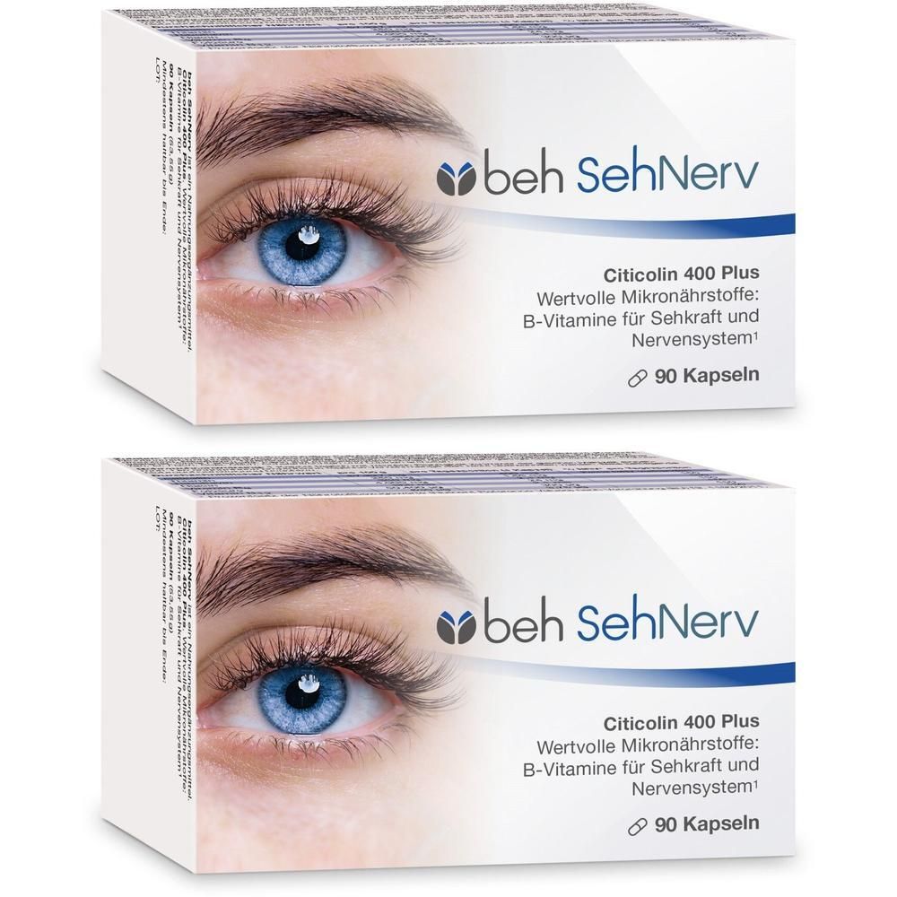 Zwei Packungen sehNerv mit Citicolin und B-Vitaminen für Augen und Nerven. 90 Kapseln pro Packung.